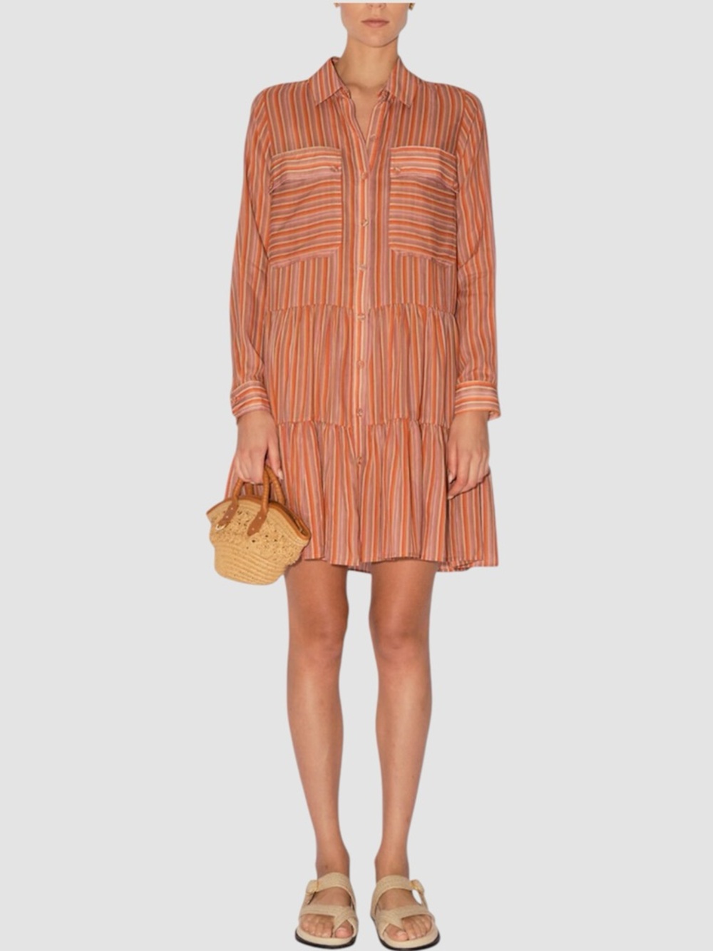 MAGALI PASCAL Talise Silk Voile Tier Shirt Dress Terra Cotta Stripe NWT $450 XS
